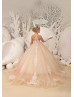 Long Sleeve Champagne Lace Tulle Floor Length Buttons Back Flower Girl Dress